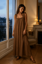 Brown linen a-line maxi dress, front view, fluid silhouette and relaxed drape