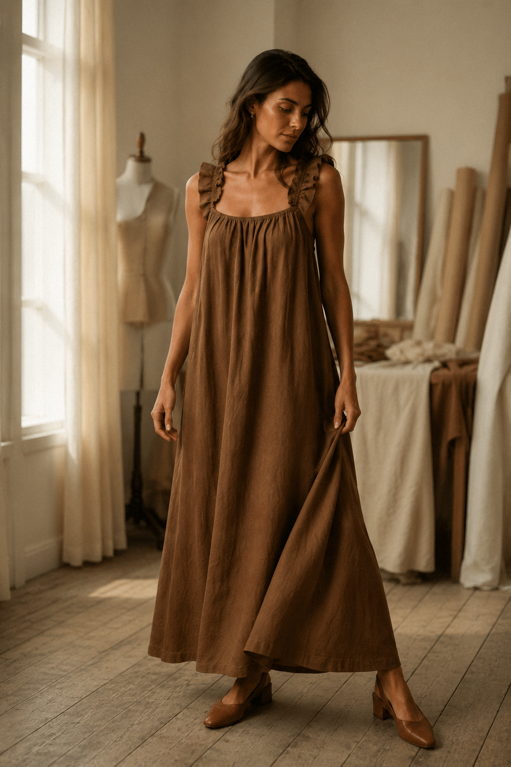 Brown linen a-line maxi dress, lifestyle, warm afternoon light and gentle breeze