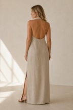 Beige linen shift maxi dress, back view, smooth back, graceful drape
