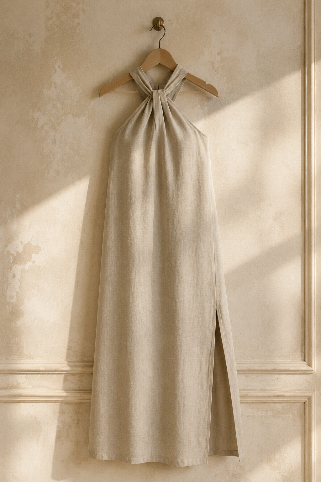 Beige linen shift maxi dress, hanging on wooden hanger against plaster wall