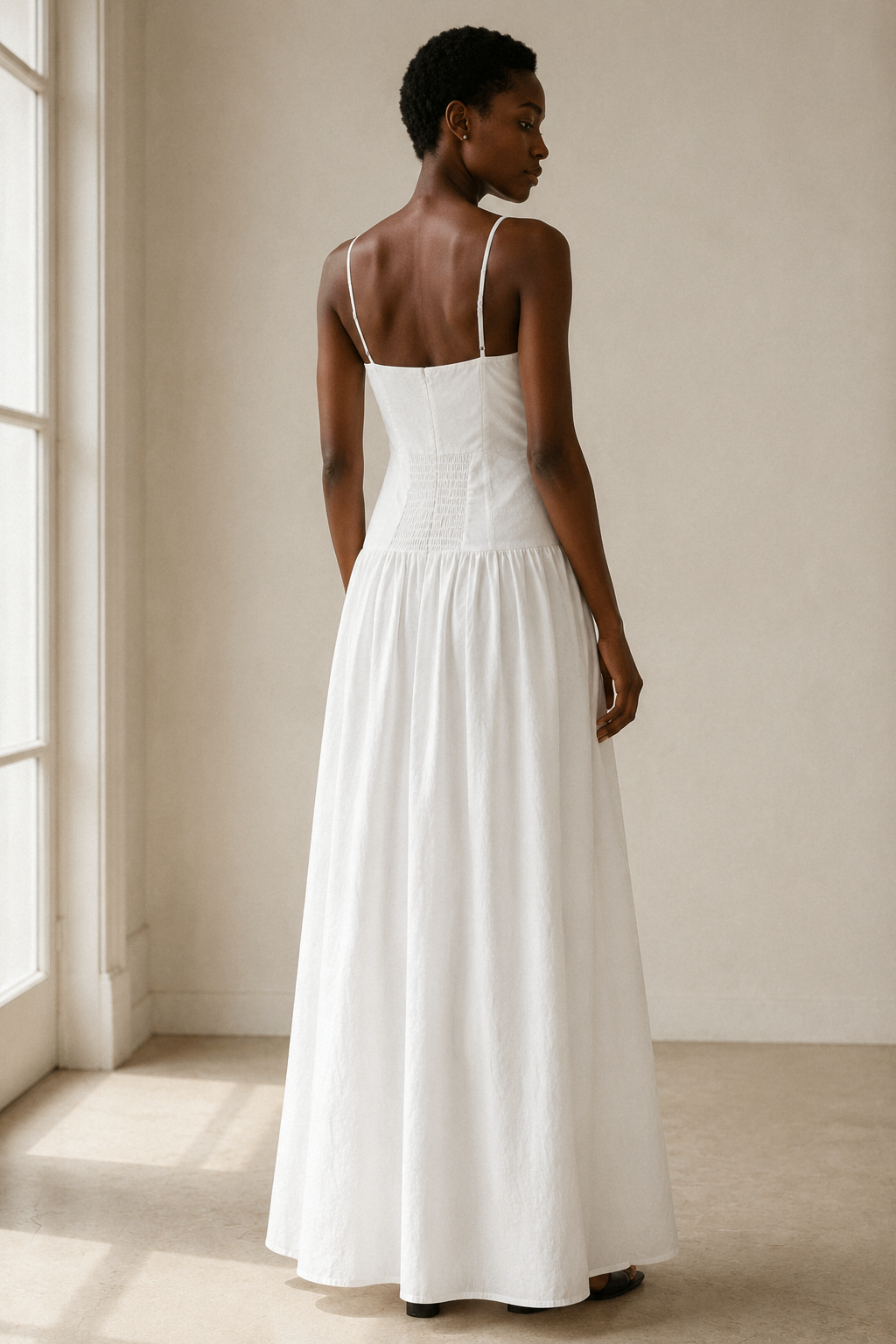 White cotton a-line maxi dress, back view, straight back with thin straps