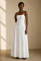 White cotton a-line maxi dress, full front view, fitted bodice and gathered maxi skirt
