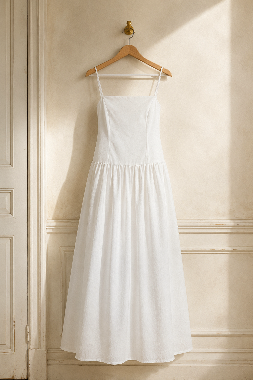 White cotton a-line maxi dress, hanging on wooden hanger against plaster wall