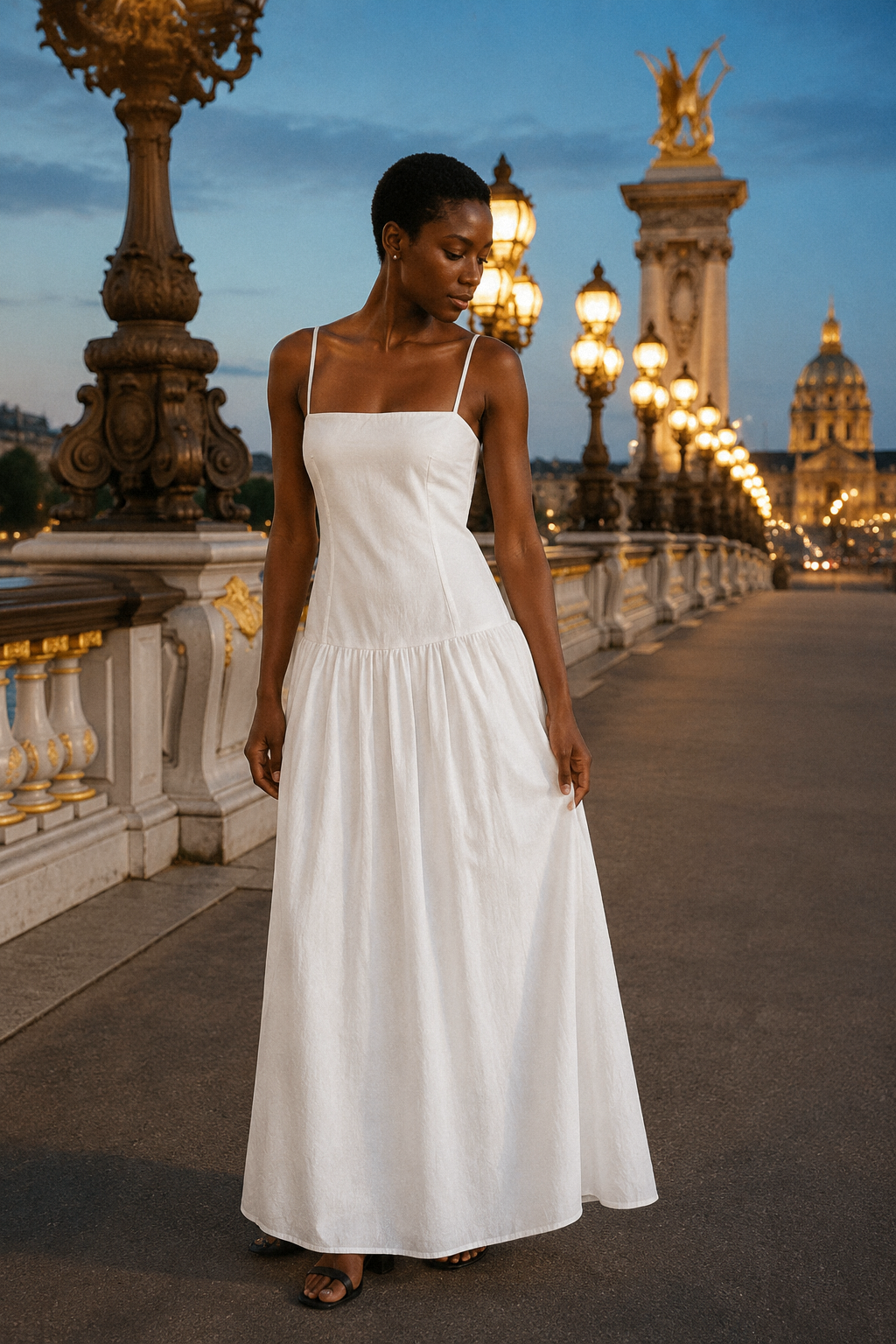 White cotton a-line maxi dress, front view, spaghetti strap straight neckline maxi dress