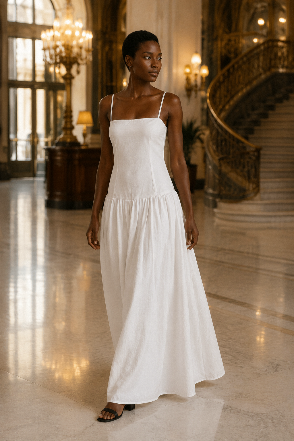 White cotton a-line maxi dress, lifestyle, summer day by the sea