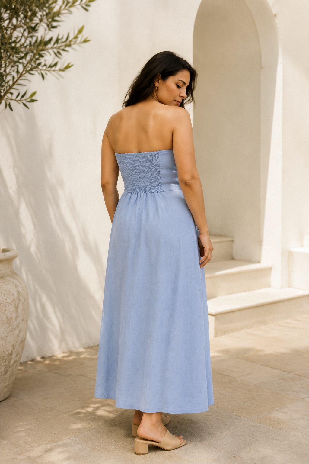 Light blue linen a-line maxi dress, back view, smooth back and A-line form