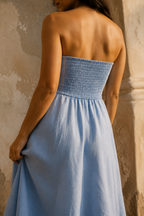 Light blue linen a-line maxi dress, fabric detail, flax weave in raking light