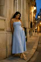 Light blue linen a-line maxi dress, front view, strapless neckline and A-line silhouette