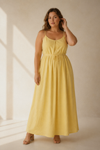 Butter yellow linen slip maxi dress, full front view, gathered bodice and relaxed silhouette