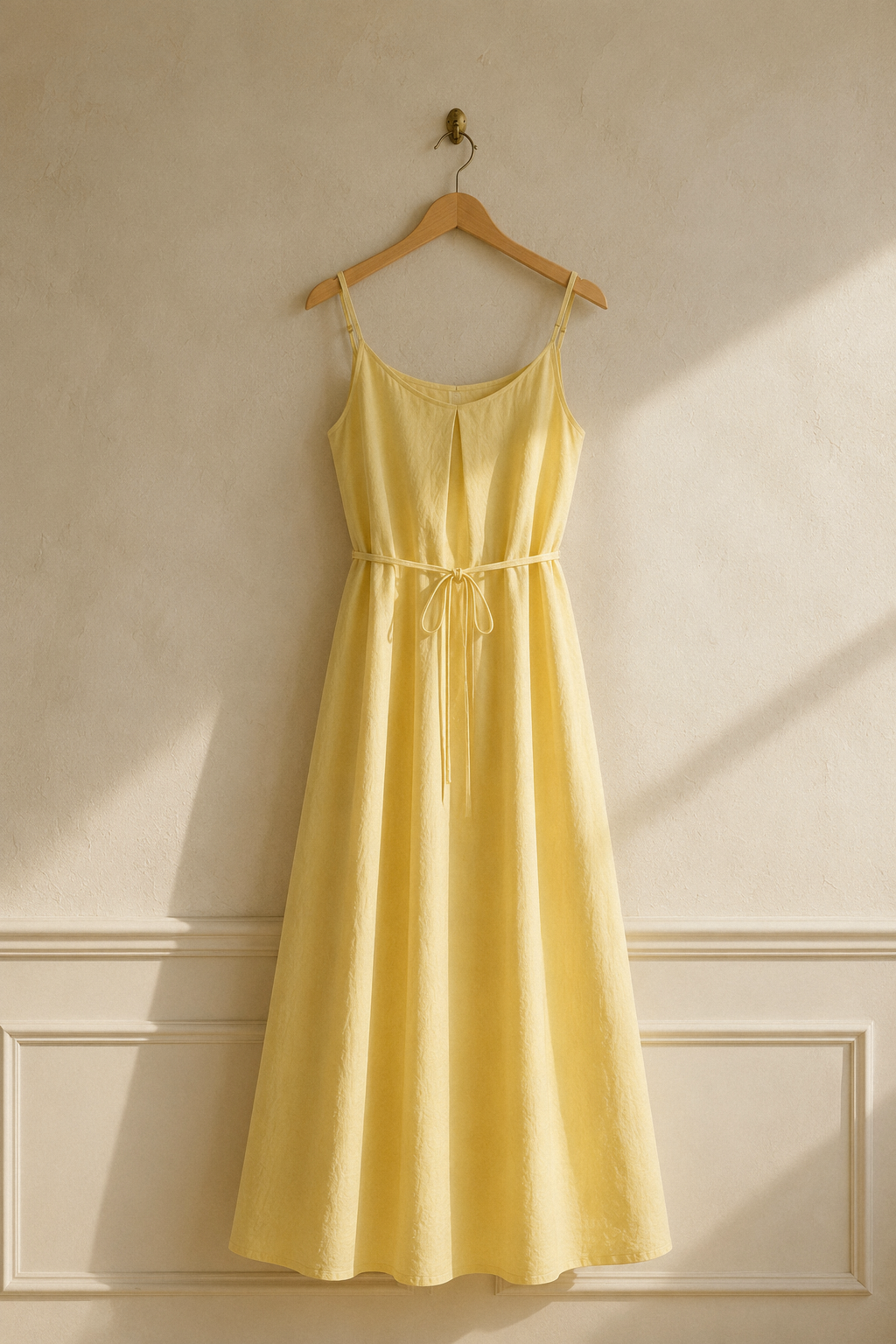 Butter yellow linen slip maxi dress, hanging on wooden hanger against plaster wall