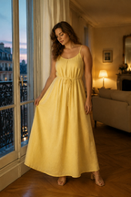 Butter yellow linen slip maxi dress, front view, straight neckline and flowing maxi skirt