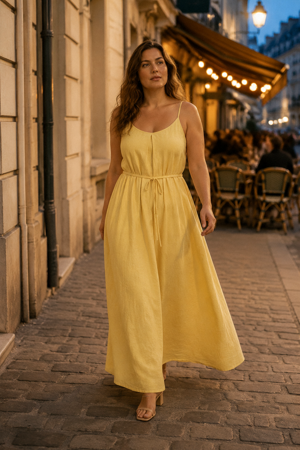 Butter yellow linen slip maxi dress, lifestyle, quiet afternoon in soft light