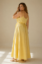 Butter yellow linen slip maxi dress, three-quarter view, soft linen drape and full length
