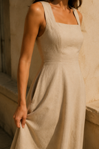 Beige linen a-line maxi dress, fabric detail, flax weave in raking light