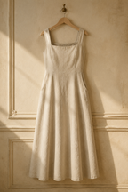 Beige linen a-line maxi dress, hanging on wooden hanger against plaster wall