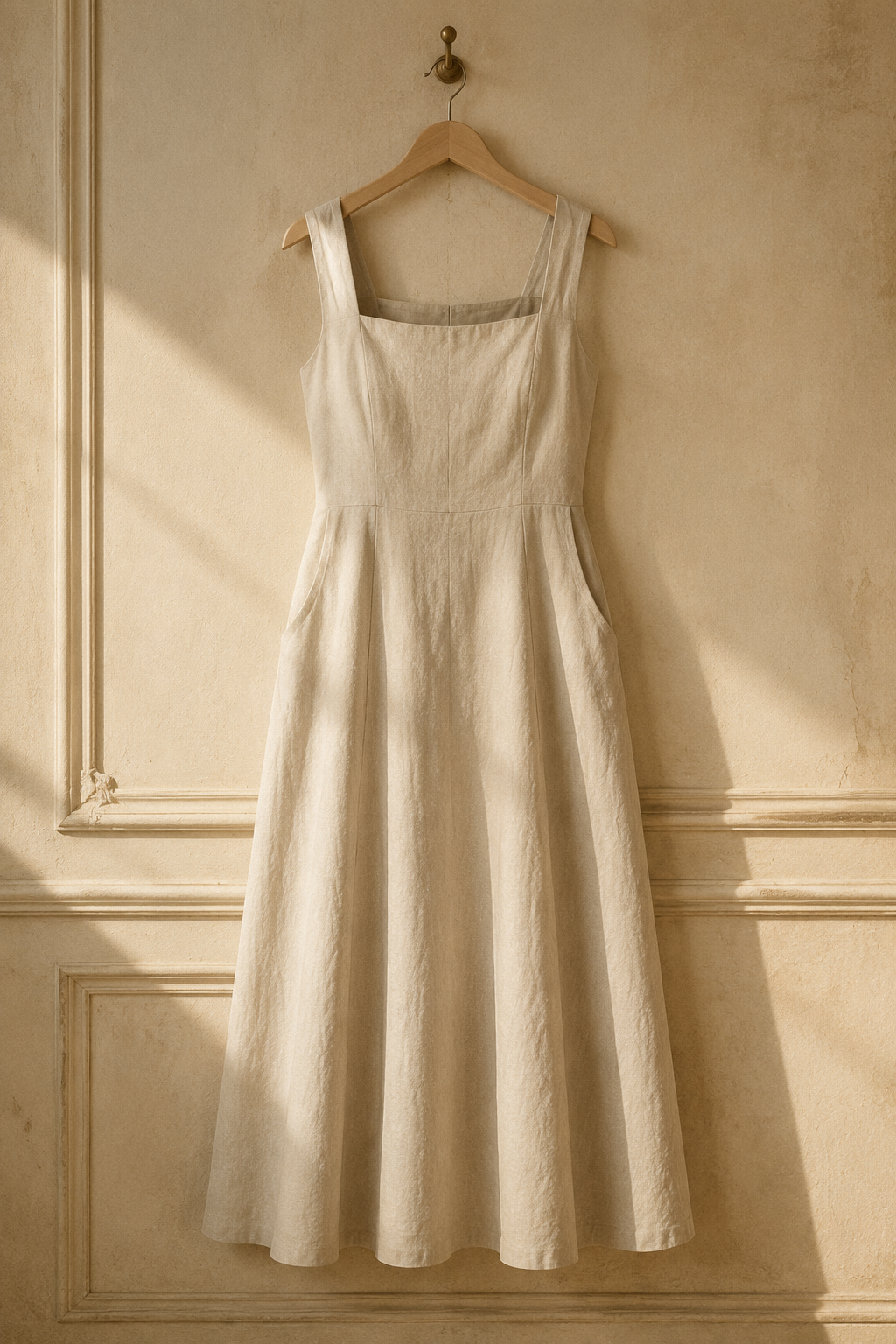 Beige linen a-line maxi dress, hanging on wooden hanger against plaster wall