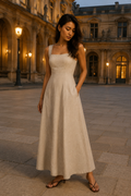 Beige linen a-line maxi dress, front view, square neckline and A-line silhouette