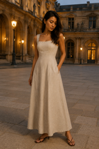 Beige linen a-line maxi dress, front view, square neckline and A-line silhouette