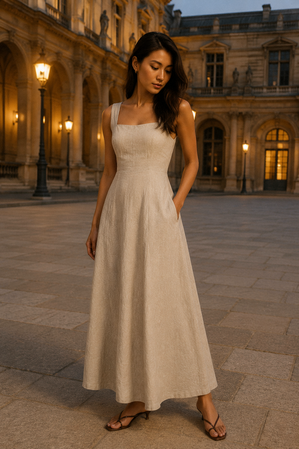 Beige linen a-line maxi dress, front view, square neckline and A-line silhouette