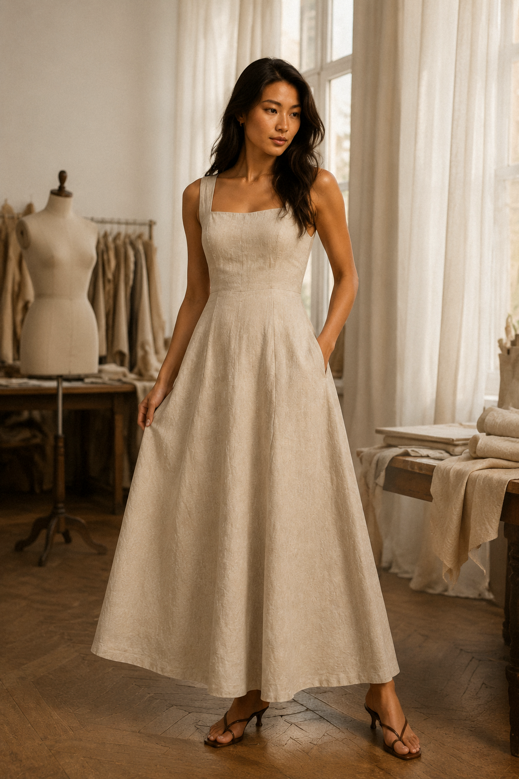 Beige linen a-line maxi dress, lifestyle, sunlit strolls and warm days