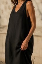 Black linen cocoon maxi dress, fabric detail, flax weave in raking light