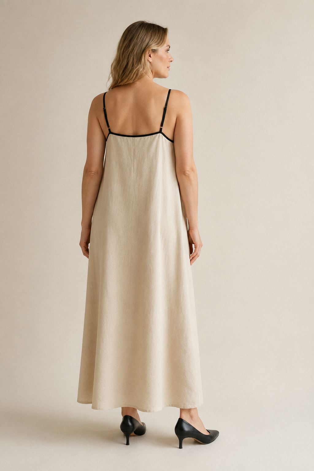 Beige linen slip maxi dress, back view, simple back and soft drape