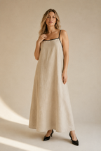 Beige linen slip maxi dress, full front view, maxi length and relaxed silhouette