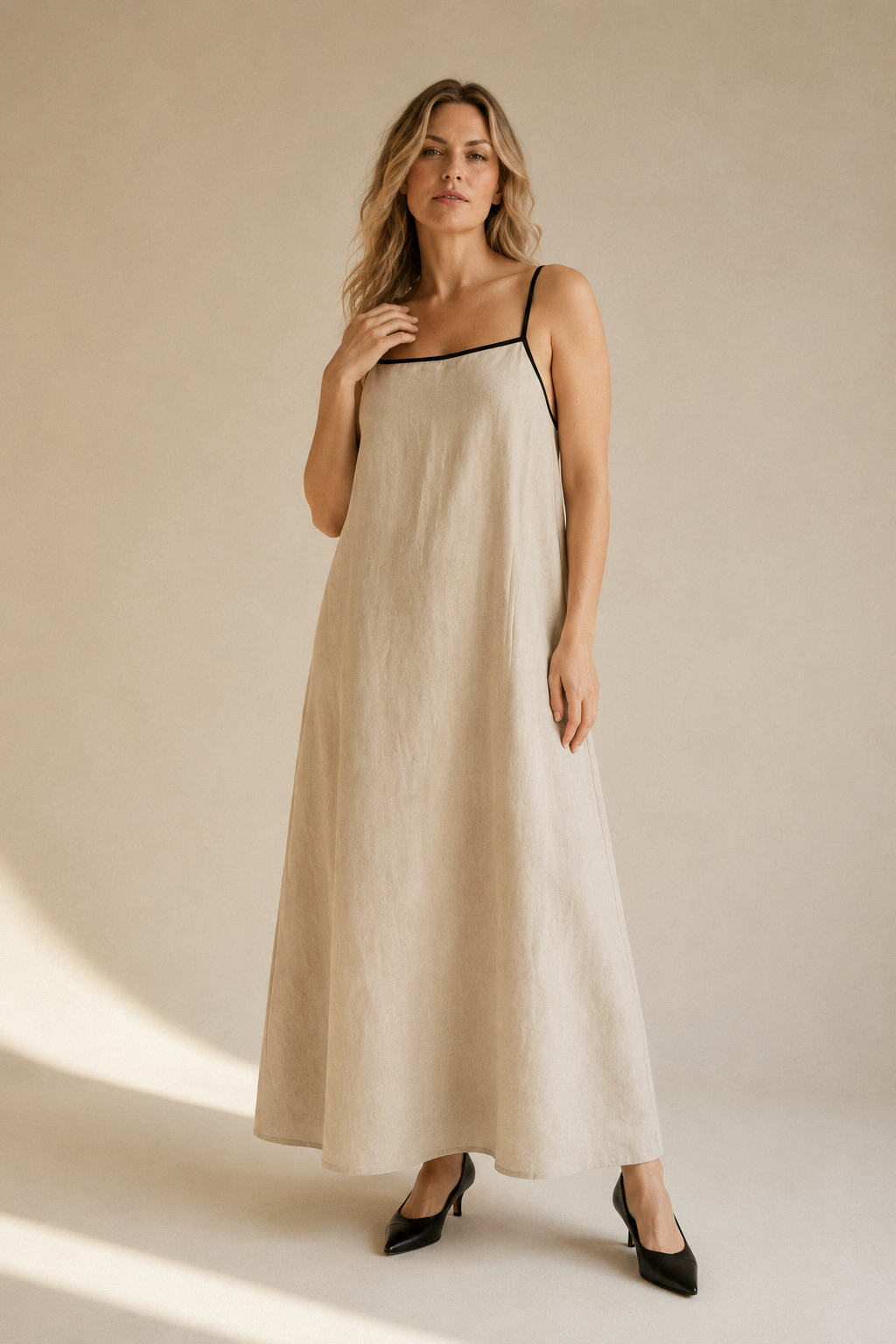Beige linen slip maxi dress, full front view, maxi length and relaxed silhouette