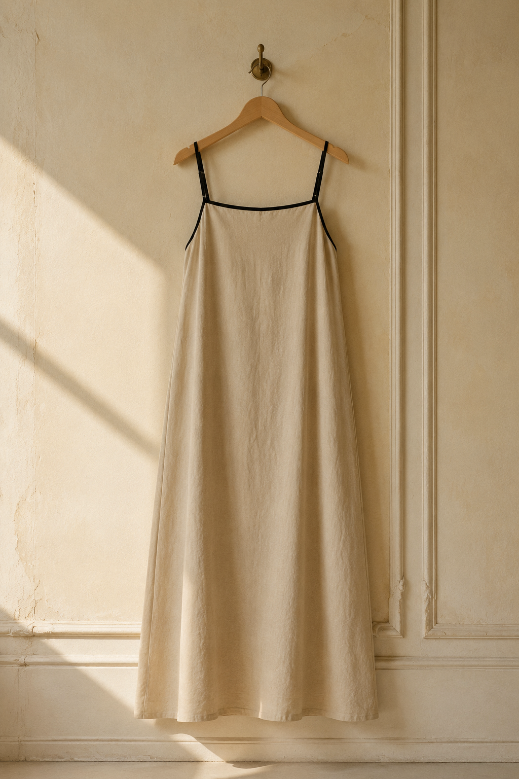 Beige linen slip maxi dress, hanging on wooden hanger against plaster wall
