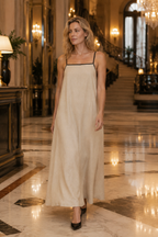 Beige linen slip maxi dress, lifestyle, quiet afternoon, soft natural light