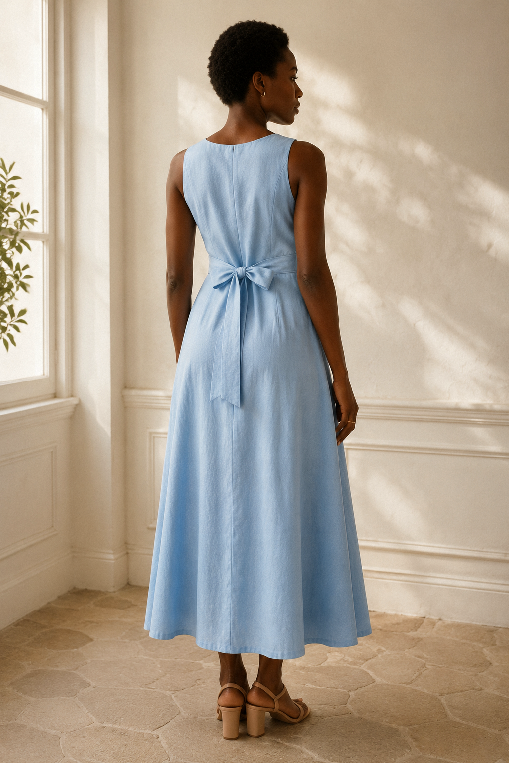 Light blue linen a-line maxi dress, back view, sleeveless back and flowing skirt