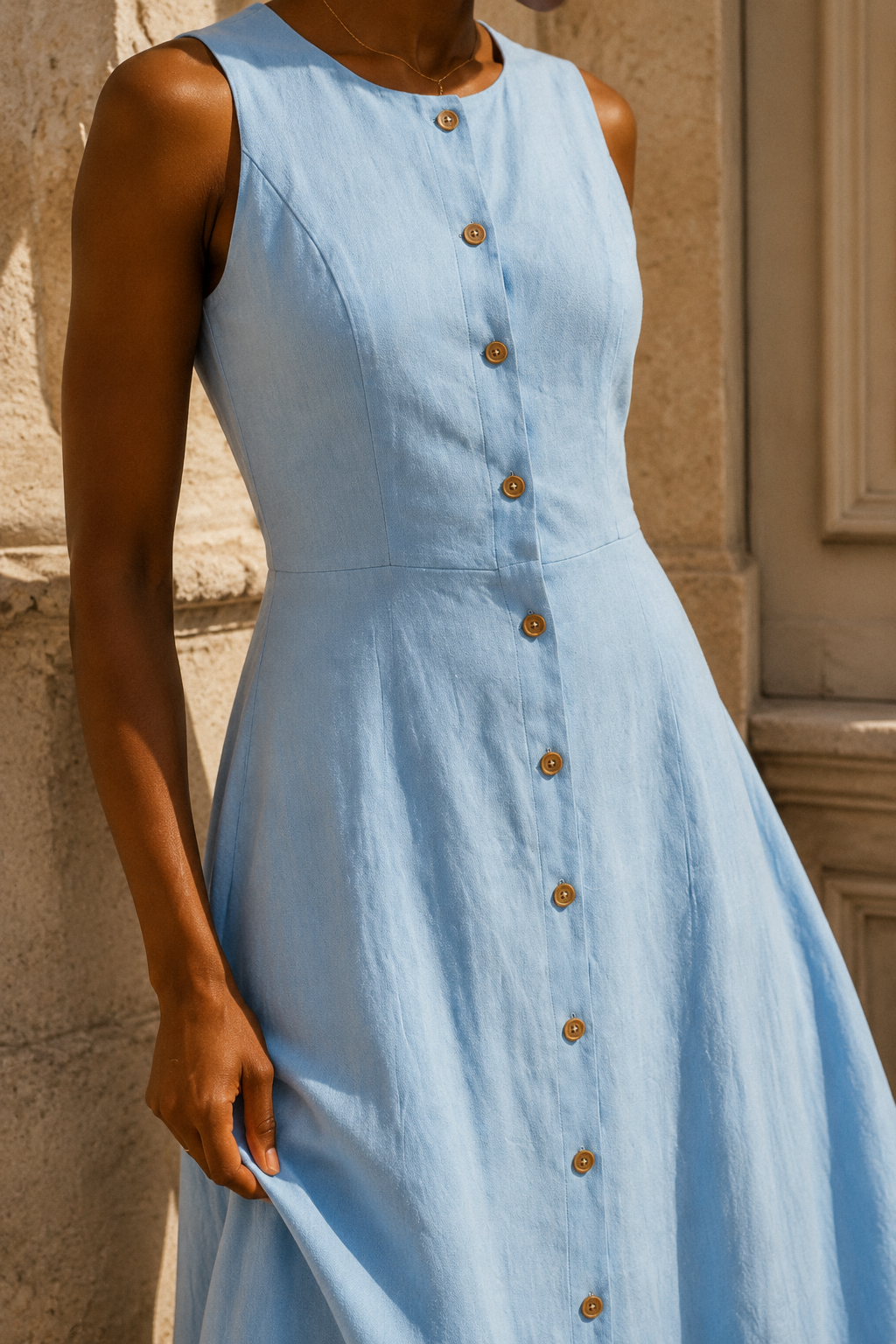 Light blue linen a-line maxi dress, fabric detail, flax weave in raking light