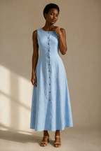 Light blue linen a-line maxi dress, full front view, a-line silhouette and full skirt