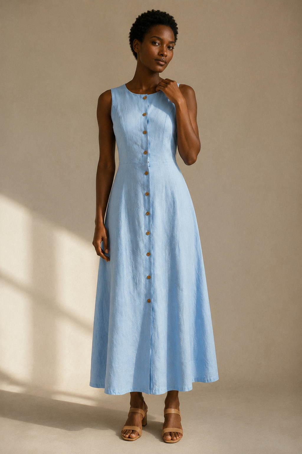 Light blue linen a-line maxi dress, full front view, a-line silhouette and full skirt