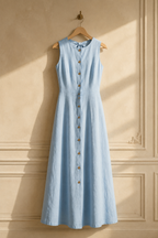 Light blue linen a-line maxi dress, hanging on wooden hanger against plaster wall