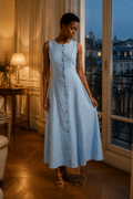 Light blue linen a-line maxi dress, front view, round neckline and button front