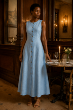 Light blue linen a-line maxi dress, lifestyle, strolling through a sunlit village