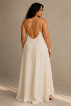 Ivory linen slip maxi dress, back view, clean back and simple straps