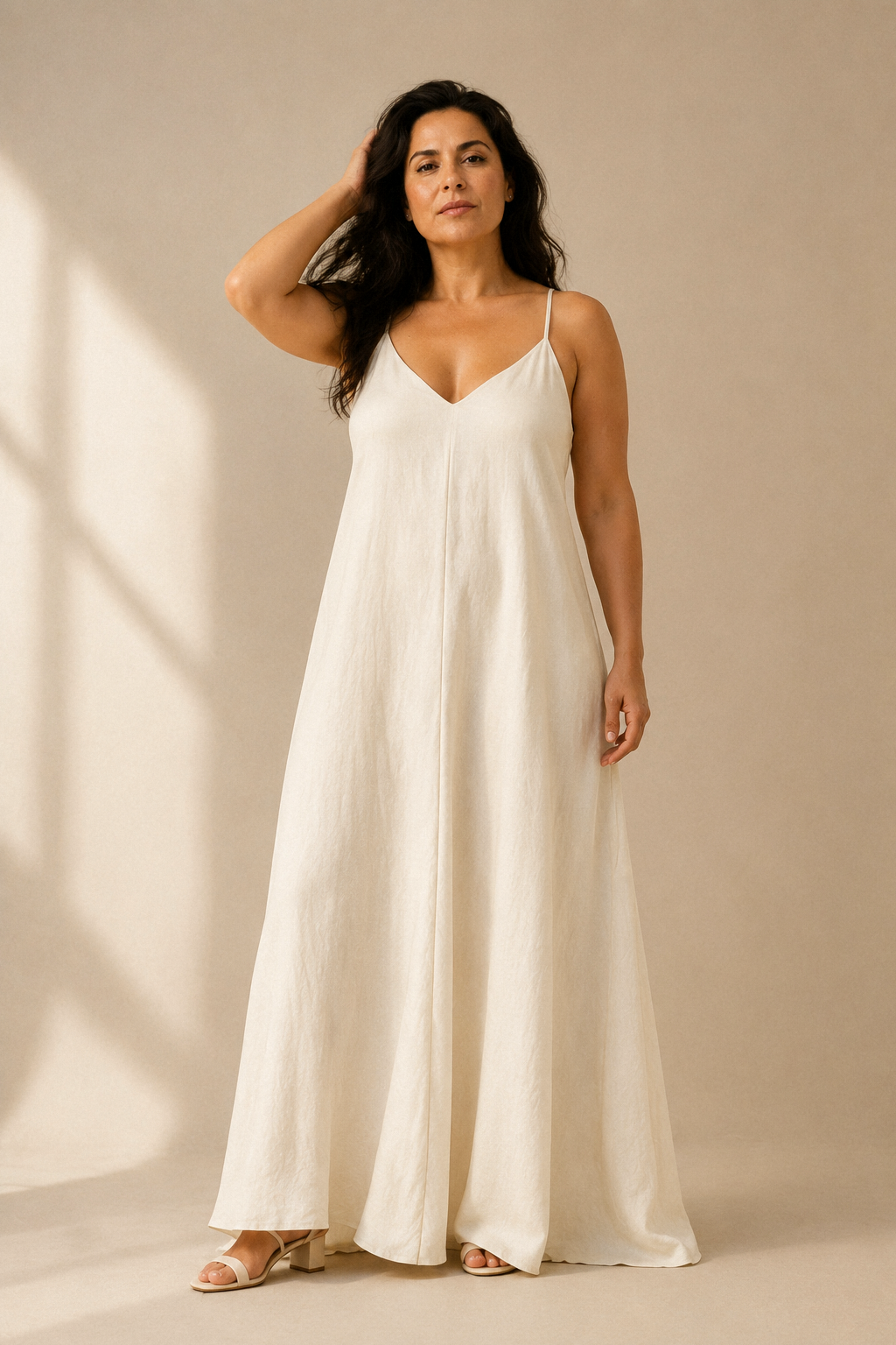 Ivory linen slip maxi dress, full front view, lightweight linen slip dress