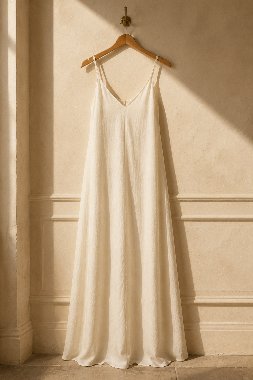 Ivory linen slip maxi dress, hanging on wooden hanger against plaster wall
