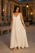 Ivory linen slip maxi dress, front view, V neckline and flowing silhouette