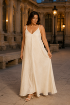 Ivory linen slip maxi dress, front view, V neckline and flowing silhouette