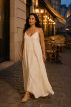 Ivory linen slip maxi dress, lifestyle, sunlit afternoon, relaxed comfort