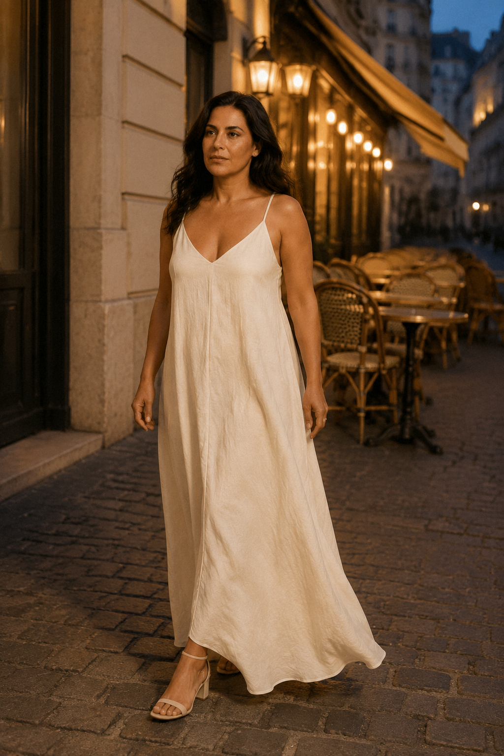 Ivory linen slip maxi dress, lifestyle, sunlit afternoon, relaxed comfort