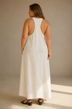 Ivory linen shift maxi dress, back view, simple back and flowing skirt