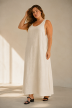 Ivory linen shift maxi dress, full front view, flowing shift silhouette