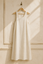 Ivory linen shift maxi dress, hanging on wooden hanger against plaster wall