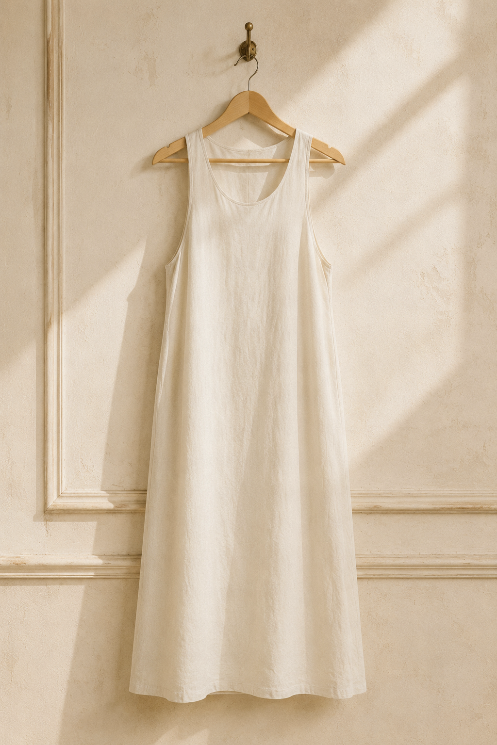 Ivory linen shift maxi dress, hanging on wooden hanger against plaster wall