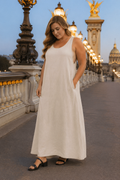 Ivory linen shift maxi dress, front view, scoop neckline and side pockets