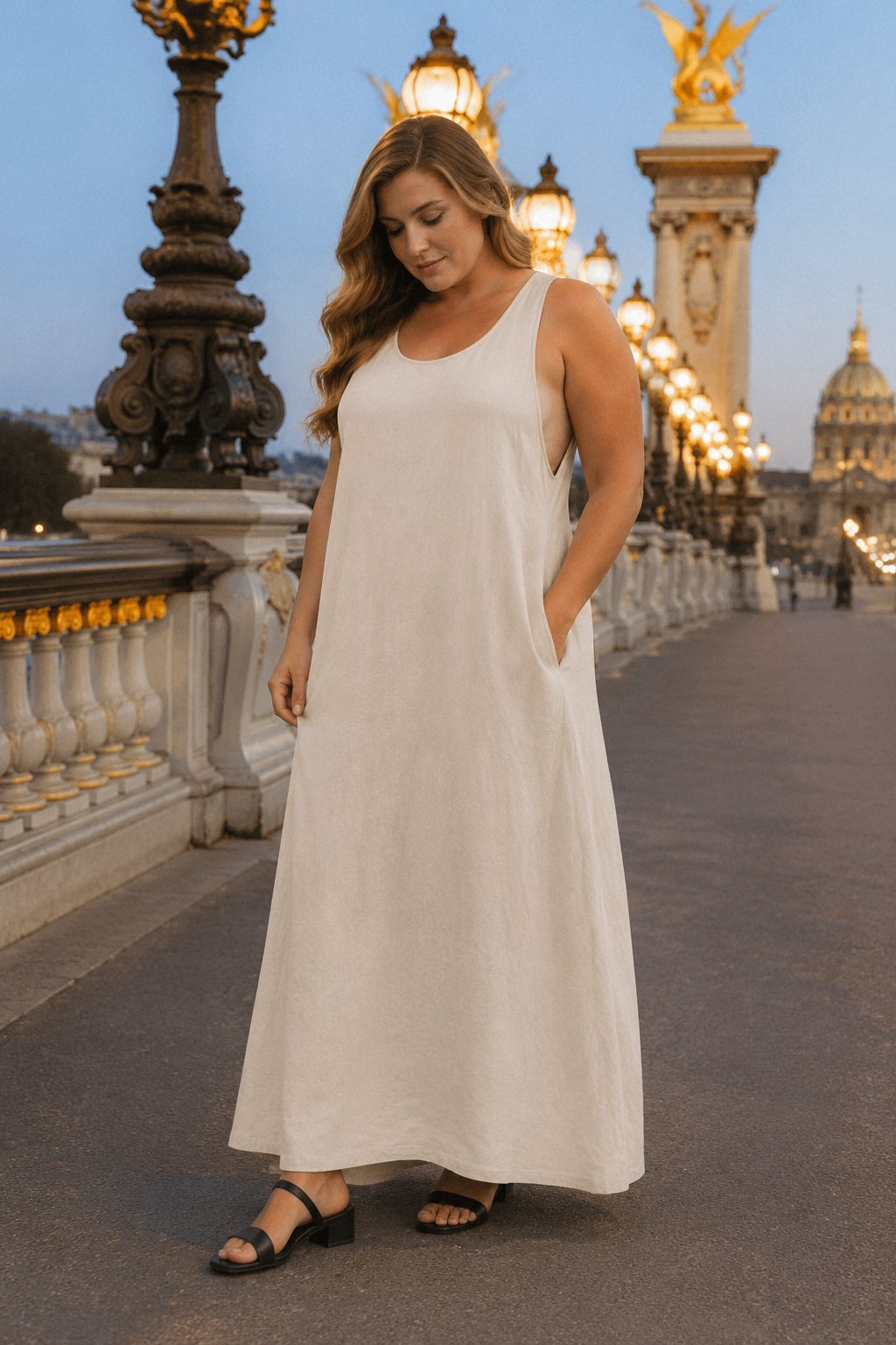 Ivory linen shift maxi dress, front view, scoop neckline and side pockets